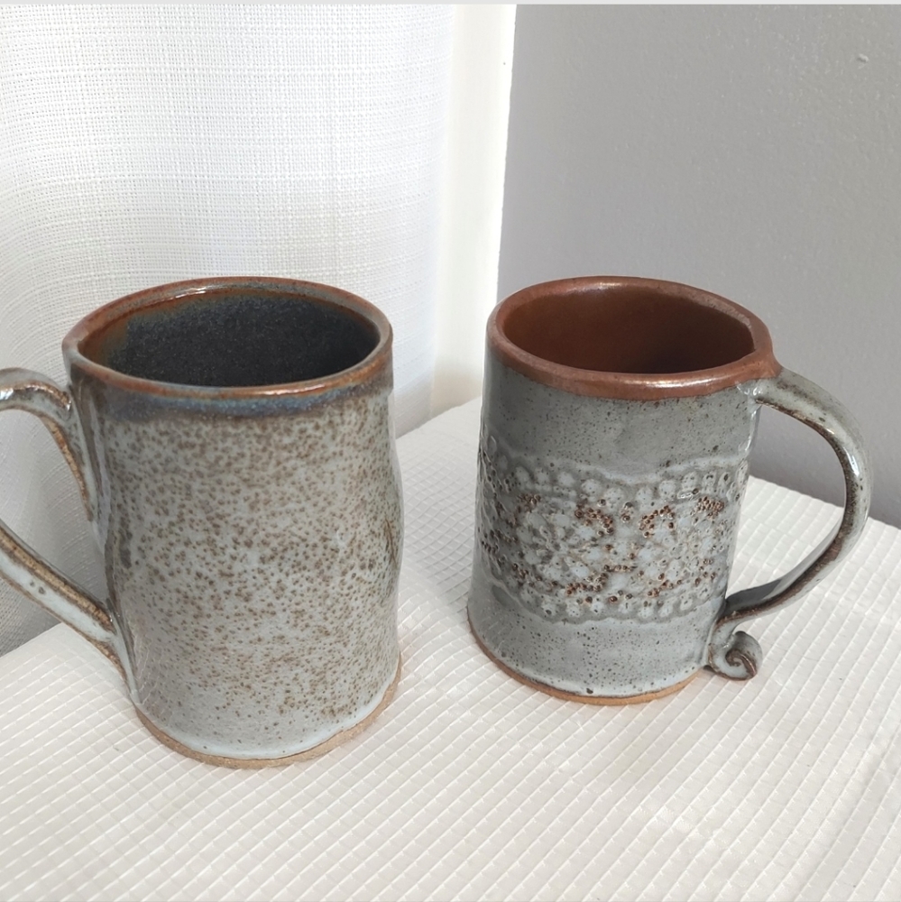 His & Hers Art Pottery Coffee Mugs Lace Like Embossed Stoneware Signed Cup Large